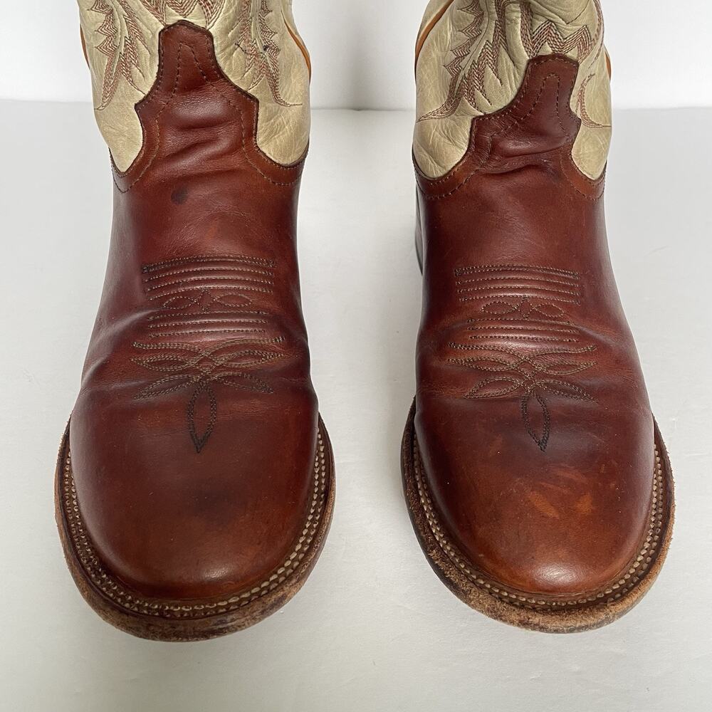 Vintage Tony Lama Roper Cowboy Boots Men’s 8.5 D Brown & Cream Leather USA Made - Picture 4 of 16